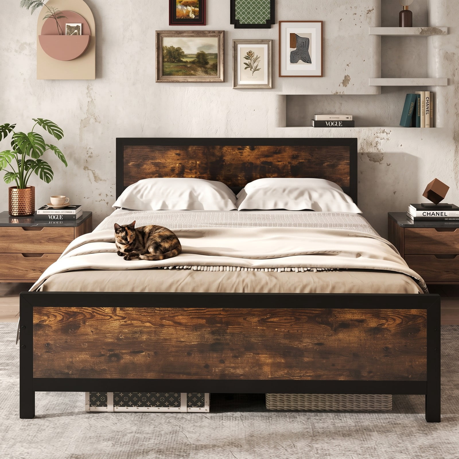 Furnibear Queen Size Bed Frame Metal Platform Bed with Wood Panel Headboard and Footboard, Under Bed Storage No Box Spring Needed, Rustic Brown