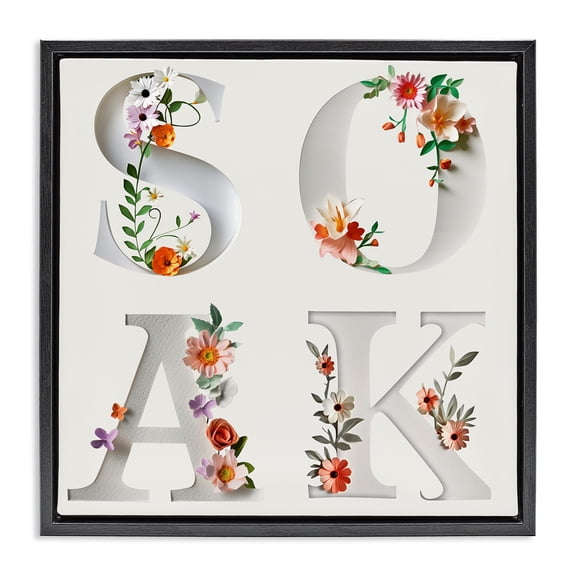 Stupell Industries Floral Bathroom Soak Letters Floral Painting Black Floater Framed Canvas Art Print Wall Art, 18 x 18