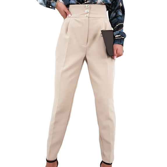 FASHIONWT Women High Waist Formal Pants Buttons Decoration Slim Trousers