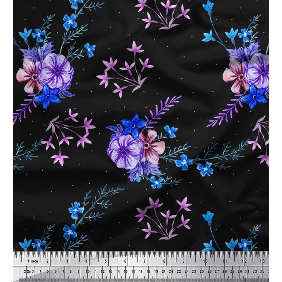 Soimoi Black Cotton Duck Fabric Leaves & Periwinkle Floral Print Fabric by the Yard 42 Inch Wide