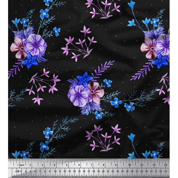 Soimoi Black Georgette Viscose Fabric Leaves & Periwinkle Floral Fabric Prints By Yard 42 Inch Wide