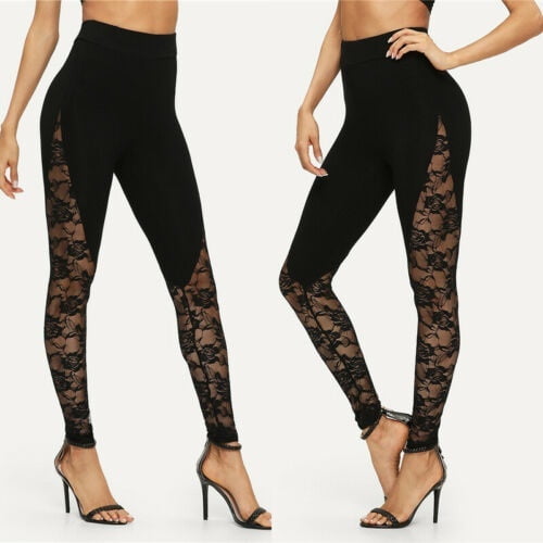 Women´s Ladies Floral Lace Side Panel Cut Out Black Leggings Plus Size