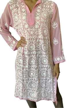 Mogul Women Tunic Dress Floral Georgette Pink White Chikankari Embroidered Sheer Bohemian Housedress Kurti SM