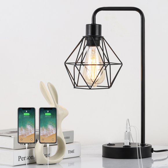Industrial USB Lamp Desk Black Farmhouse Bedside Table Lamp Home Office Decor
