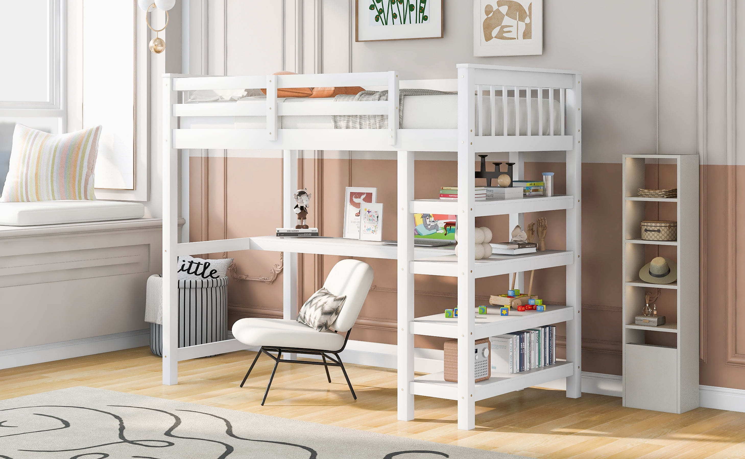 Yoneston Twin Size Loft Bed with Storage Shelves, Wooden Twin Loft Bed Frame with Under-bed Desk for Boys Girls Teens Bedroom, White