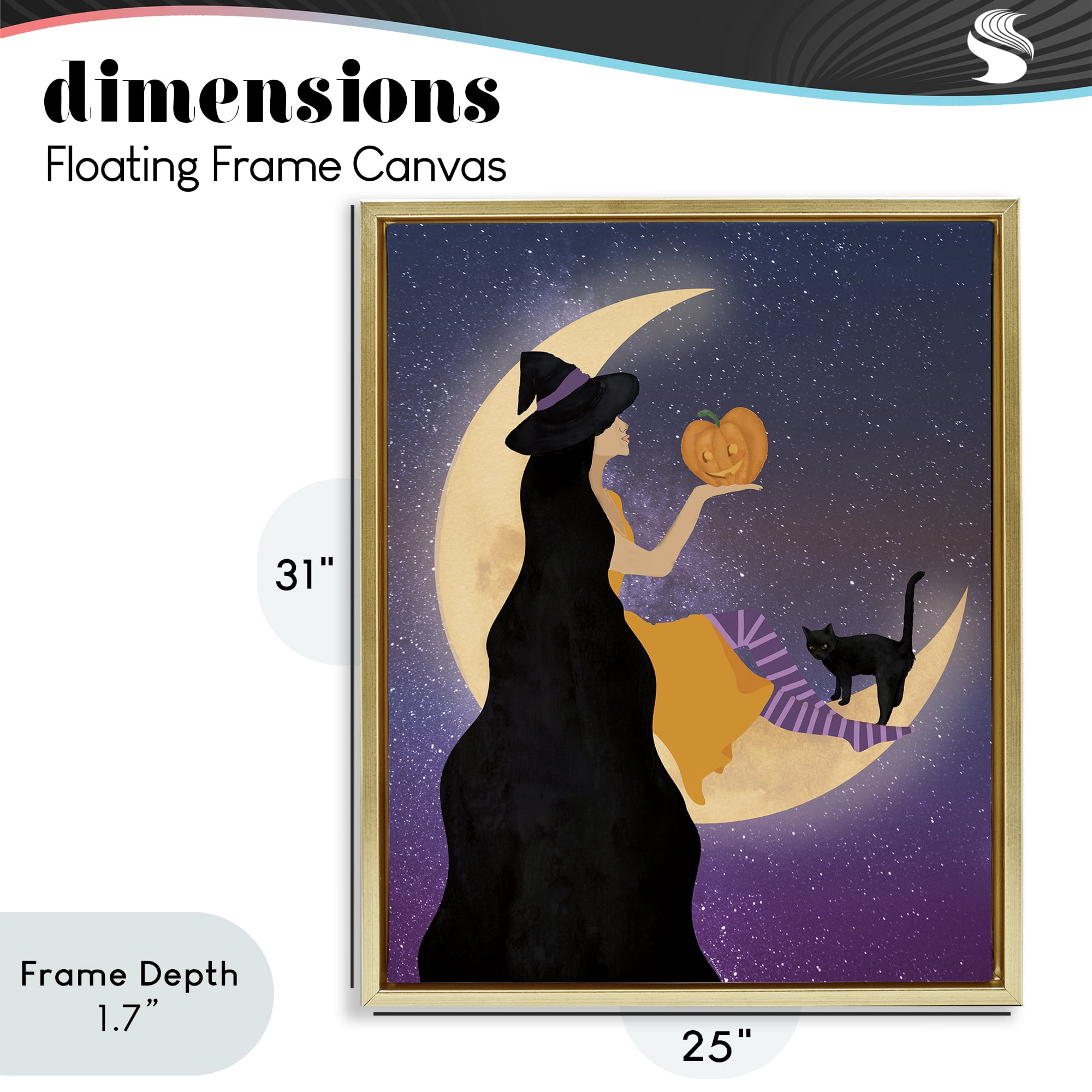 Stupell Industries Moonlit Witch Holding Jack-o-Lantern Gold Framed Floater Canvas Wall Art, design by Daniela Santiago