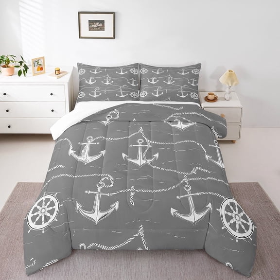 Erosebridal Ocean Anchor Comforter Sets Queen Size,Grey White Bedding Queen Comforter Set,Nautical Room Decorative,Super Cozy,3-Piece
