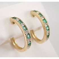 Bluebelljewels 14K Yellow Gold Plated Silver Emerald Hoop Earrings - Gemstone and Diamond Hoops - May Birthstone Fine Jewelry Gift