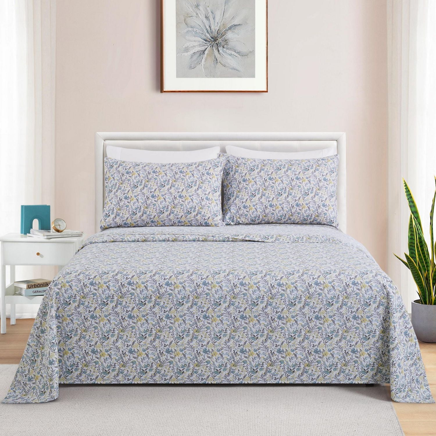 Marina Decoration Ultra Soft Silky Deep Pocket Rich Printed Bedding Rayon from Bamboo All Season Sheet Set with Pillowcases, Teal Yellow Floral Pattern