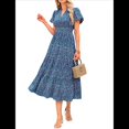 thumbnail image 2 of Vestidos Largos Verano para Mujer 2025, Informales, con Escote en V, Mangas Abullonadas, Fruncidos, Holgados, Estilo Bohemio , con Estampado Floral, Color Azul, L, 2 of 10
