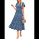 thumbnail image 2 of Vestidos Largos Verano para Mujer 2025, Informales, con Escote en V, Mangas Abullonadas, Fruncidos, Holgados, Estilo Bohemio , con Estampado Floral, Color Azul, L, 2 of 10