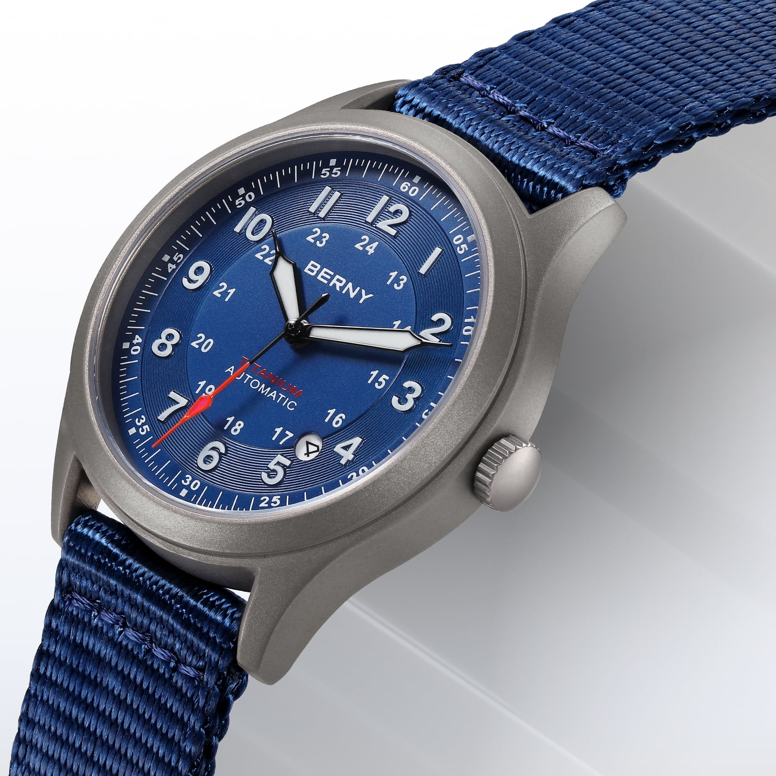 BERNY Automatic Watches for Men Military Sport Nylon Strap Titanium Field Watch with Date Sapphire Crystal Luminous Analog Mechanical Watch 100M Waterproof Army Tactical Casual Wristwatch (Blue)