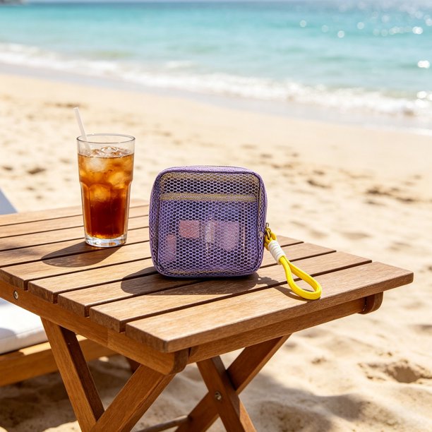 Bolsa de playa de malla con diseño a prueba de arena: organizador de artículos de aseo de viaje de nailon transparente para piscina, gimnasio o uso diario.
