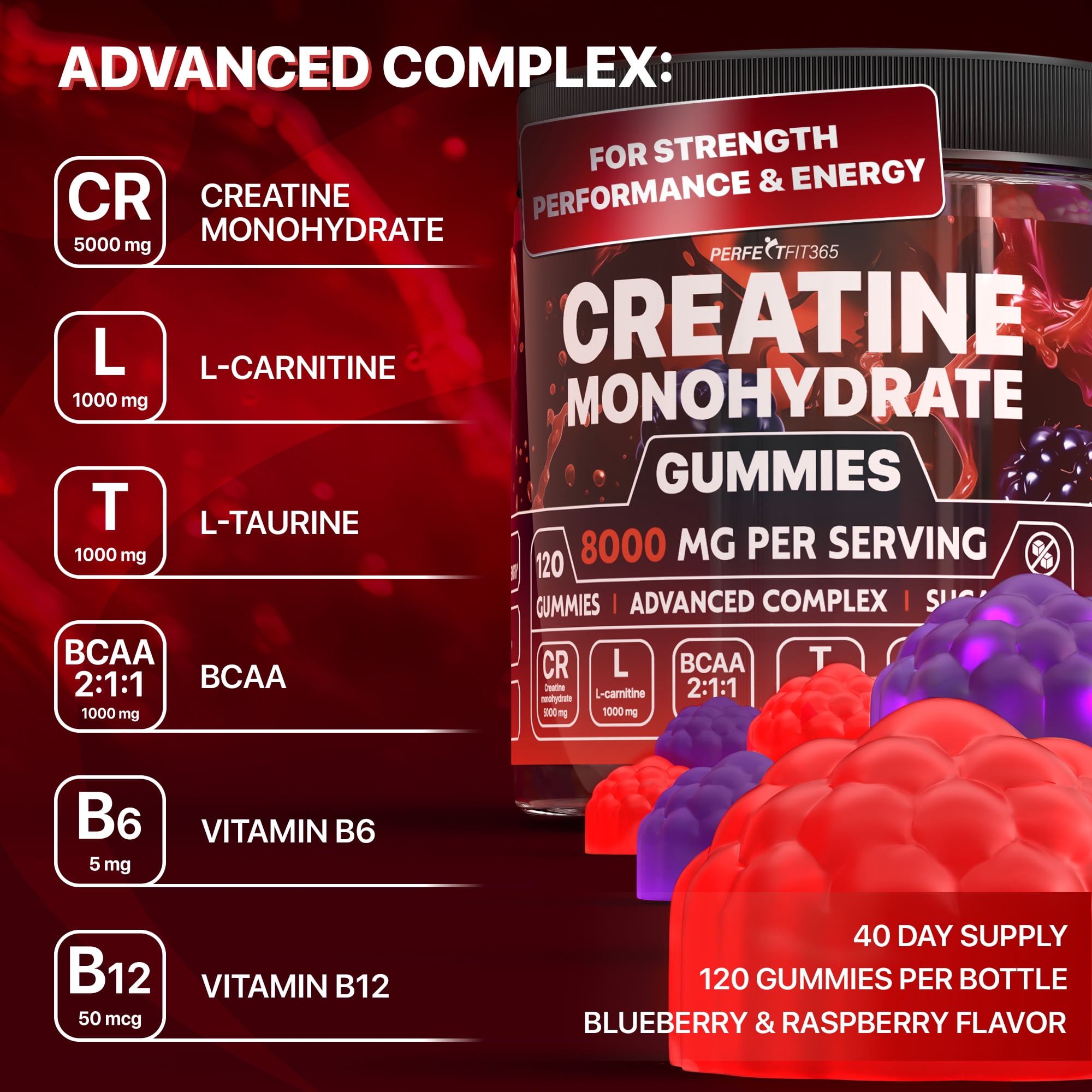 Creatine Monohydrate Gummies for Men and Women, Sugar-Free, Vegan, Blueberry Flavor, 120 Count