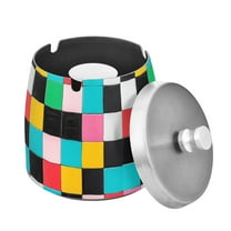 Yayeee Ashtray with Lid for Cigarette Smokeless Stainless Steel Home Ash Holder, Blue Checkered Pattern