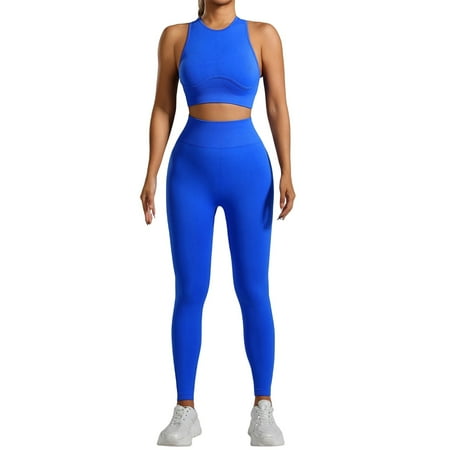 XDDLITP Workout Sets for Women 2 Piece Padded Stretchy Ribbed Sports Bra Sets with High Waist Biker Leggings Gym Yoga Outfits Blue M