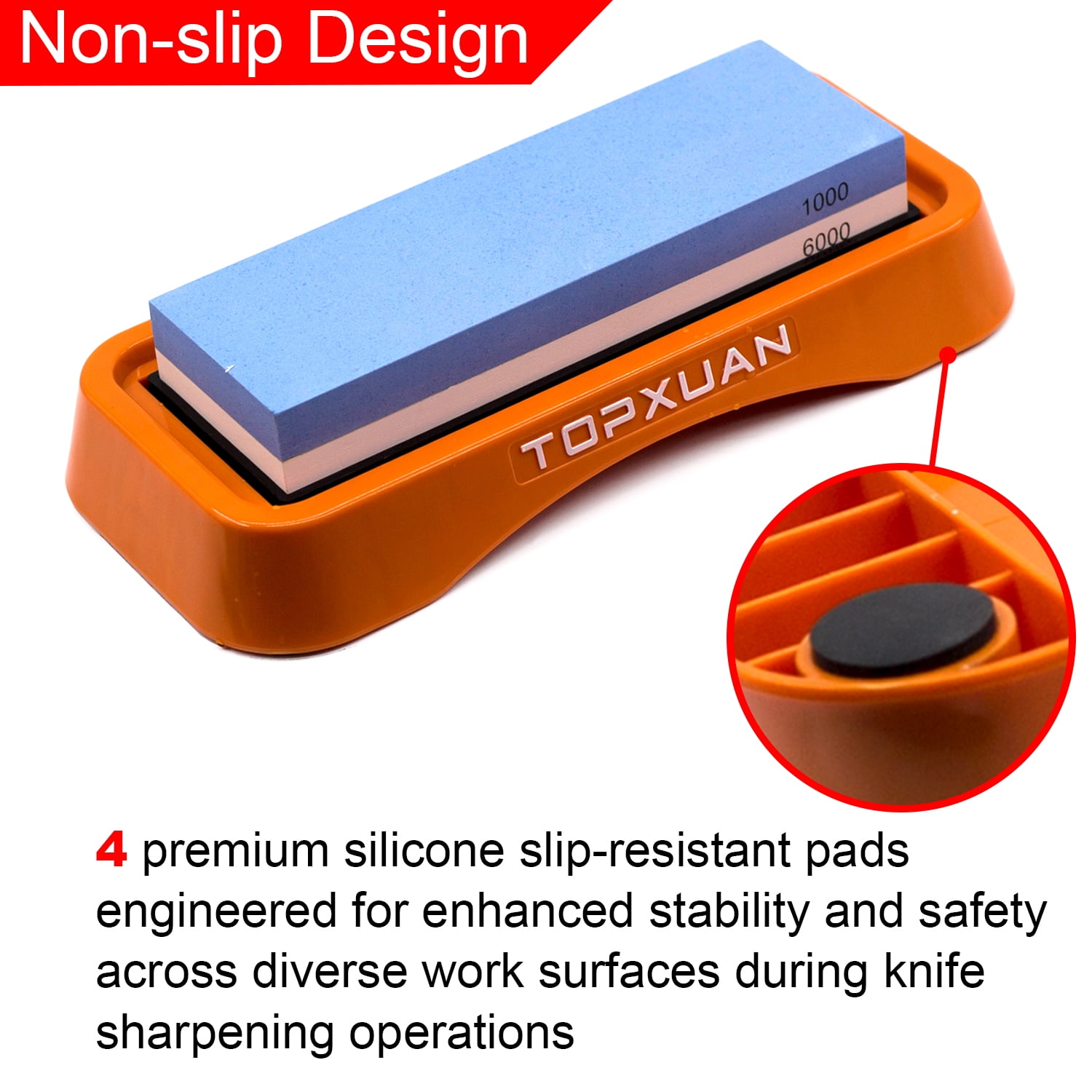TOPXUAN Knife Sharpening Stone 2 Sided 1000/6000 Grit sharpener Waterstone,Professional Kitchen Whetstone with Orange Plastic Base,Non-slip Rubber and Angle Guide