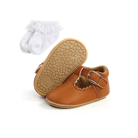 

Sanviglor Little Kids Loafers First Walker Crib Shoes Rubber Sole Walking Shoe School Breathable Non-slip Moccasin Hollow Out Magic Tape Flats Brown With Socks 4C