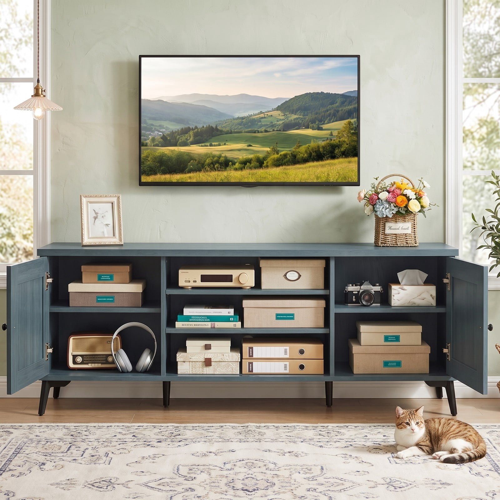 Furnibear 2-Door TV Stand for TVs up to 65 Inch, Mid Century Modern Entertainment Center Media Console with 3 Open Shelves, Adjustable Cabinet & Cable, Turquoise/Brown
