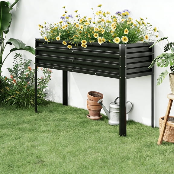 Lumiparty Galvanized Raised Garden Bed with Legs & Water Storage, 50×32×17 in Metal Planter Box, Outdoor Raised Garden Beds Gardening, Durable Planter Raised Beds, Black