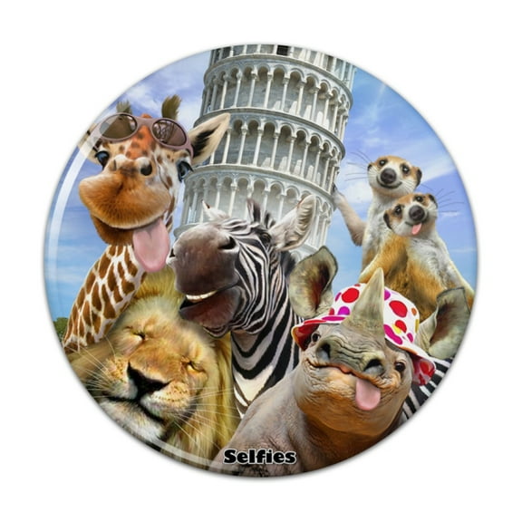 Leaning Tower Pisa Italy Selfie Giraffe Zebra Lion Rhino Pinback Button Pin