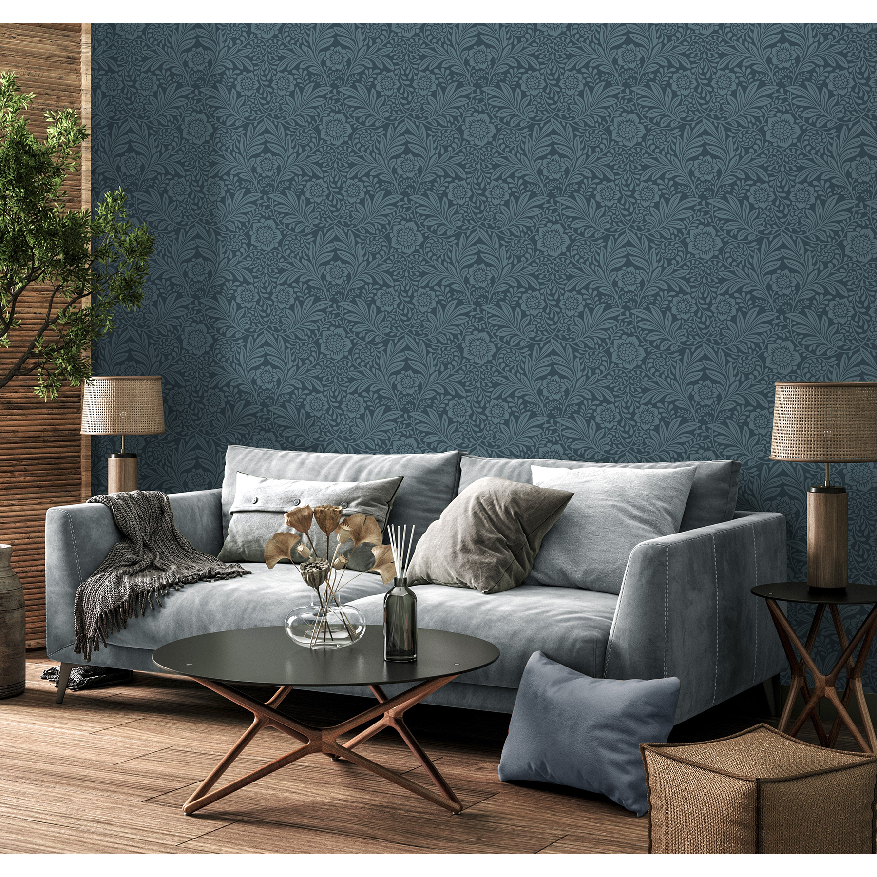 Fine Decor Camille Navy Damask Wallpaper, 20.5-in by 33-ft