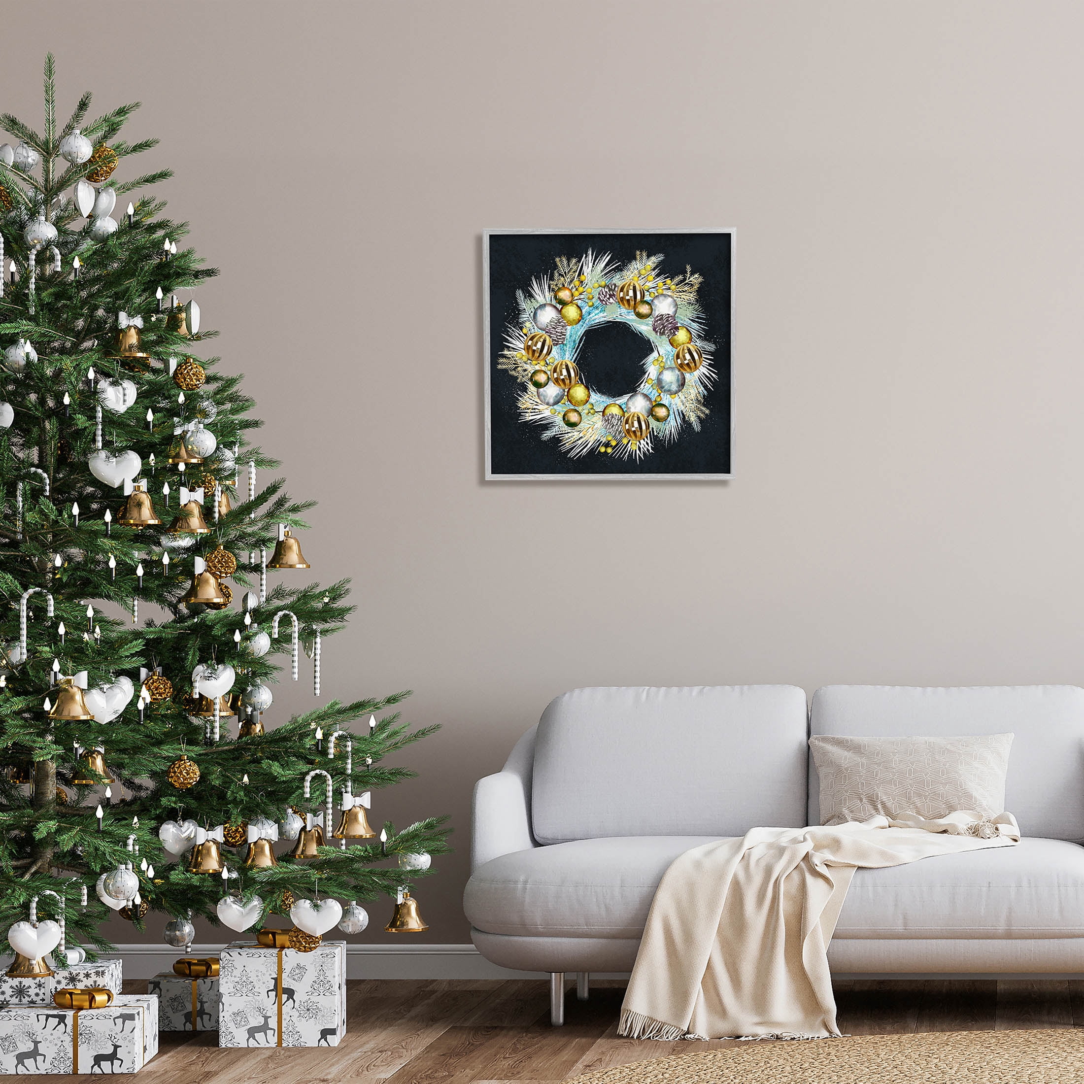 Gleaming Seasonal Pine Wreath Holiday Graphic Art Gray Framed Art Print Wall Art