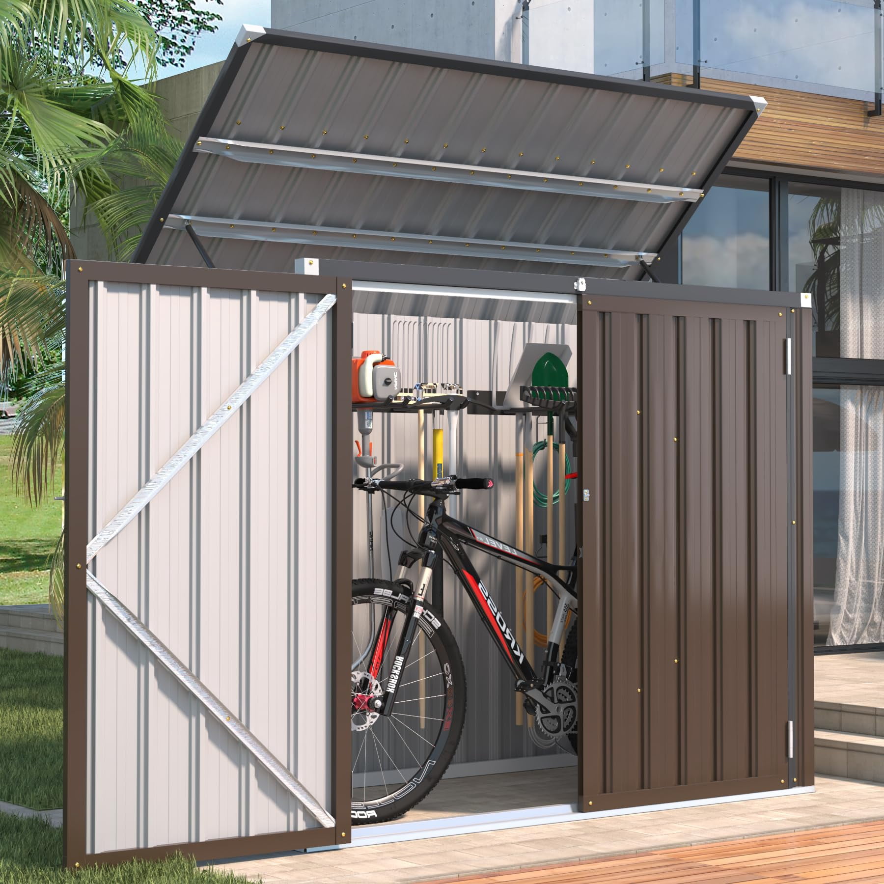 AECOJOY 46 Cu ft. Outdoor Horizontal Storage Shed Wastebasket Enclosure Container Metal Garbarge Shed in Brown
