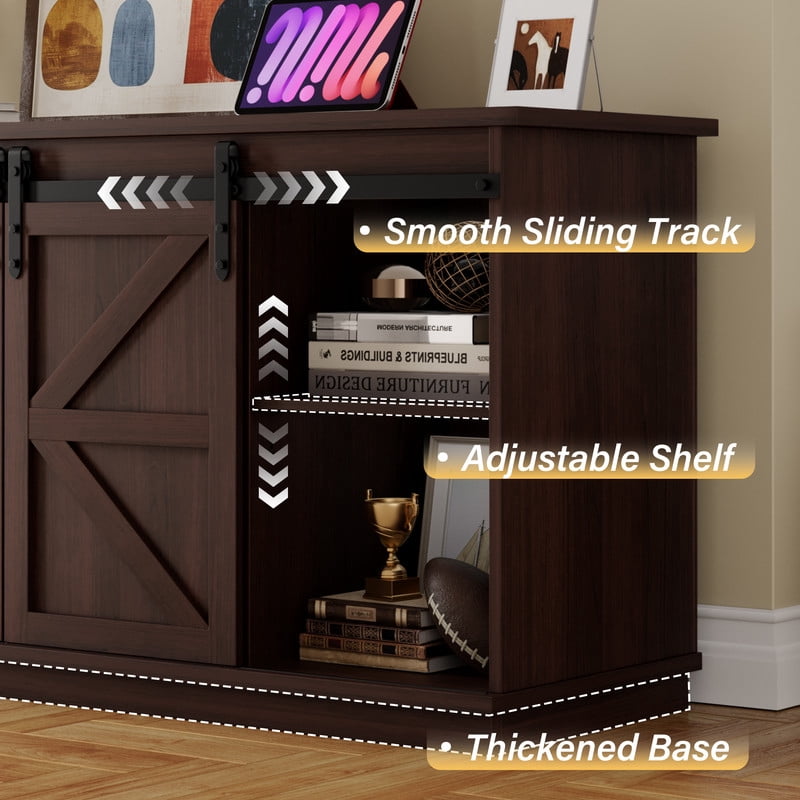 Furmax 65 inch TV Stand Entertainment Center with Sliding Barn Doors and Storage,Espresso