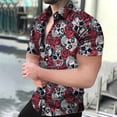 thumbnail image 3 of Camisa para hombre estilo hawaiano con estampado de calavera de terror, flores, cuello abatible, un solo botón, informal, para playa y resort, novedad de 2024, 3 of 5