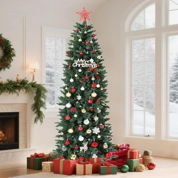 Lumiparty 6FT Artificial Christmas Tree, Skinny Xmas Trees with LED Light, Pre-Lit Pencil Christmas Tree, Xmas Holiday Decoration for Home, Apartment, Office, Party