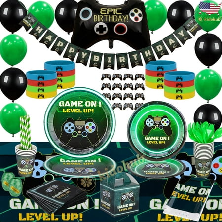 Kidohub Video Game Birthday Party Supplies Bundle: Banner, Balloons, Favors, Tableware Set 185 Pcs