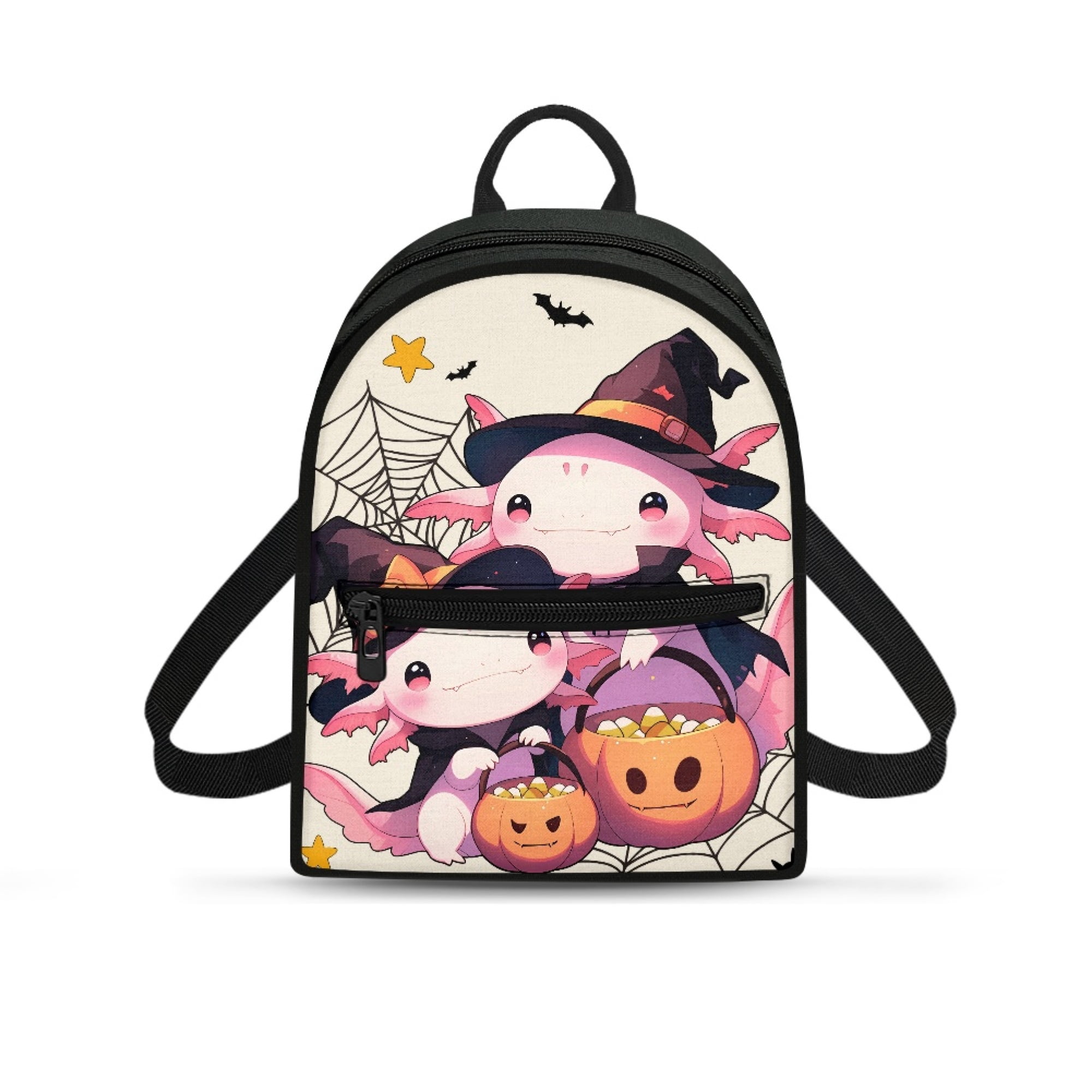 HELLHERO Halloween Axolotl Decoration Lightweight Mini Backpack Front Pocket Travel Daypack with Smooth Zipper for Shopping Work
