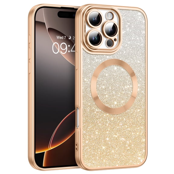 DUEDUE iPhone 16 Pro Case 6.3", Compatible With Magsafe, Magnetic Glitter Bling Shockproof Case for iPhone 16 Pro, Gold