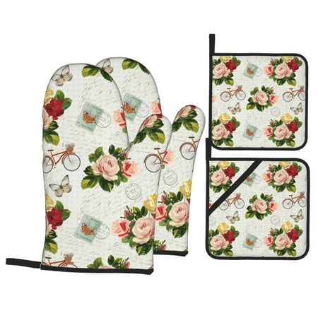 

Oven Mitts and Pot Holders 4 pcs Set Vintage Bike Flower Butterfly Heat Resistant Pot Holders Oven Mitts for kitchen Non-Slip Hanging Loop Oven Glove Potholders for Baking Cooking