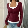 thumbnail image 2 of Lenpel Women's Long Sleeve T-Shirts Square Neck Quarter Button Color Block 2 in 1 Slim Tee Tops Soft Casual Blouses(Wine,Medium), 2 of 6