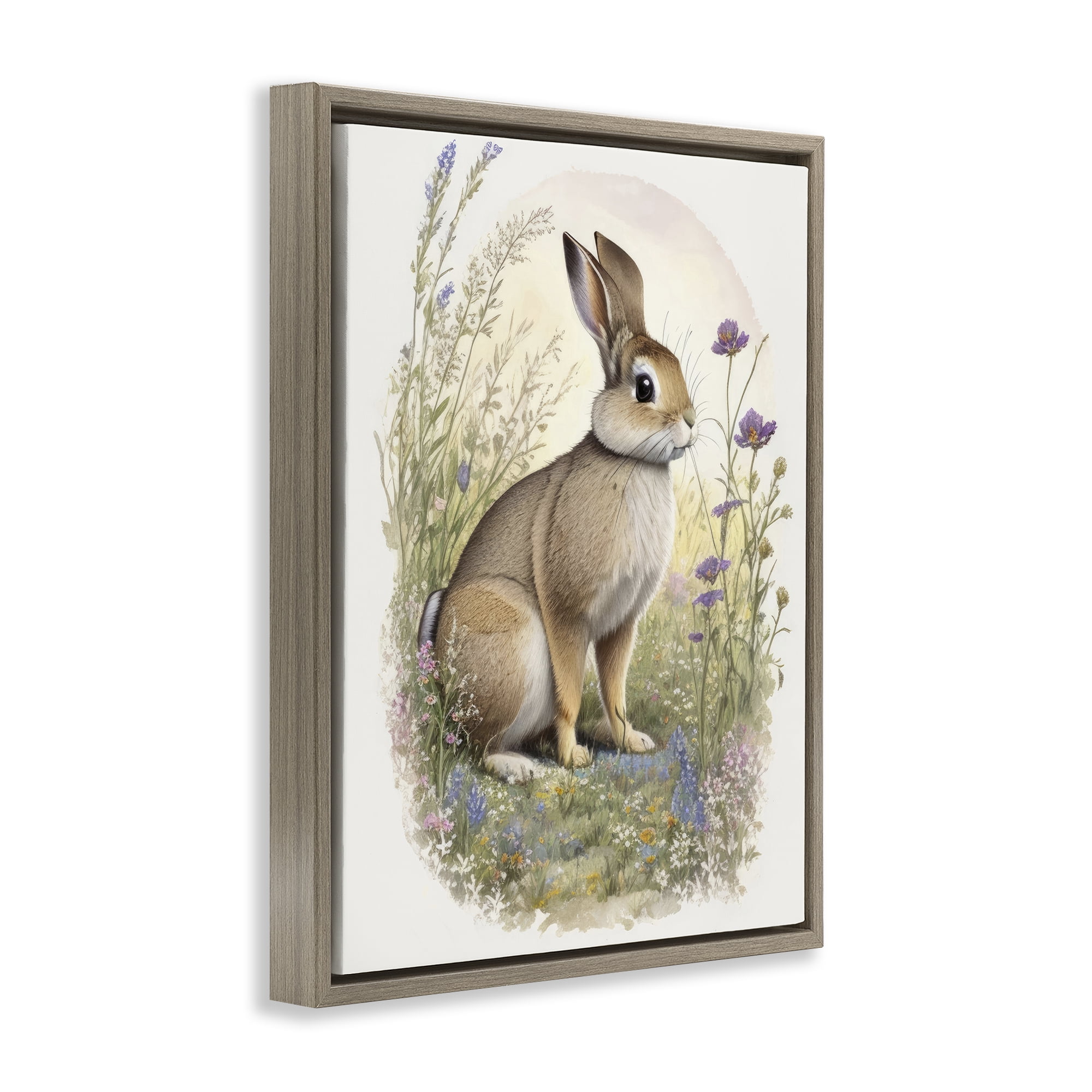 Stupell Industries Rabbit with Meadow Blooms Animals & Insects Painting Brown Floater Framed Canvas Art Print Wall Art, 25 x 31