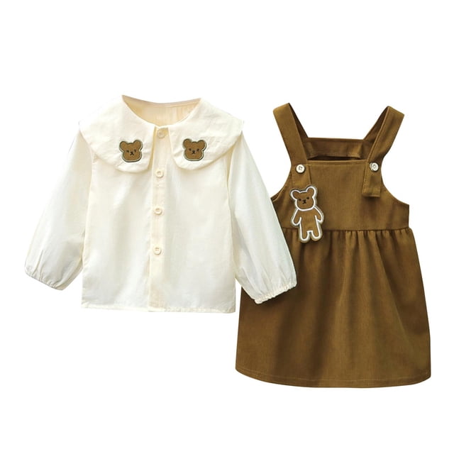 Odeerbi 1-7 Años Niñas Algodón Trajes Peter Pan Cuello Largo Tops Con Peto Vestido de Dos Piezas Princesa Falda Conjunto