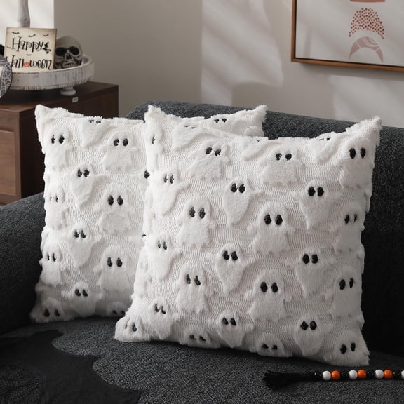 WIOMEASK Ghost Pillowcases Set of 2 White Halloween Throw Pillowcases Soft Plush Cute Spooky Sofa Cushion Covers for Home Decor Sofa Bedroom Living Room