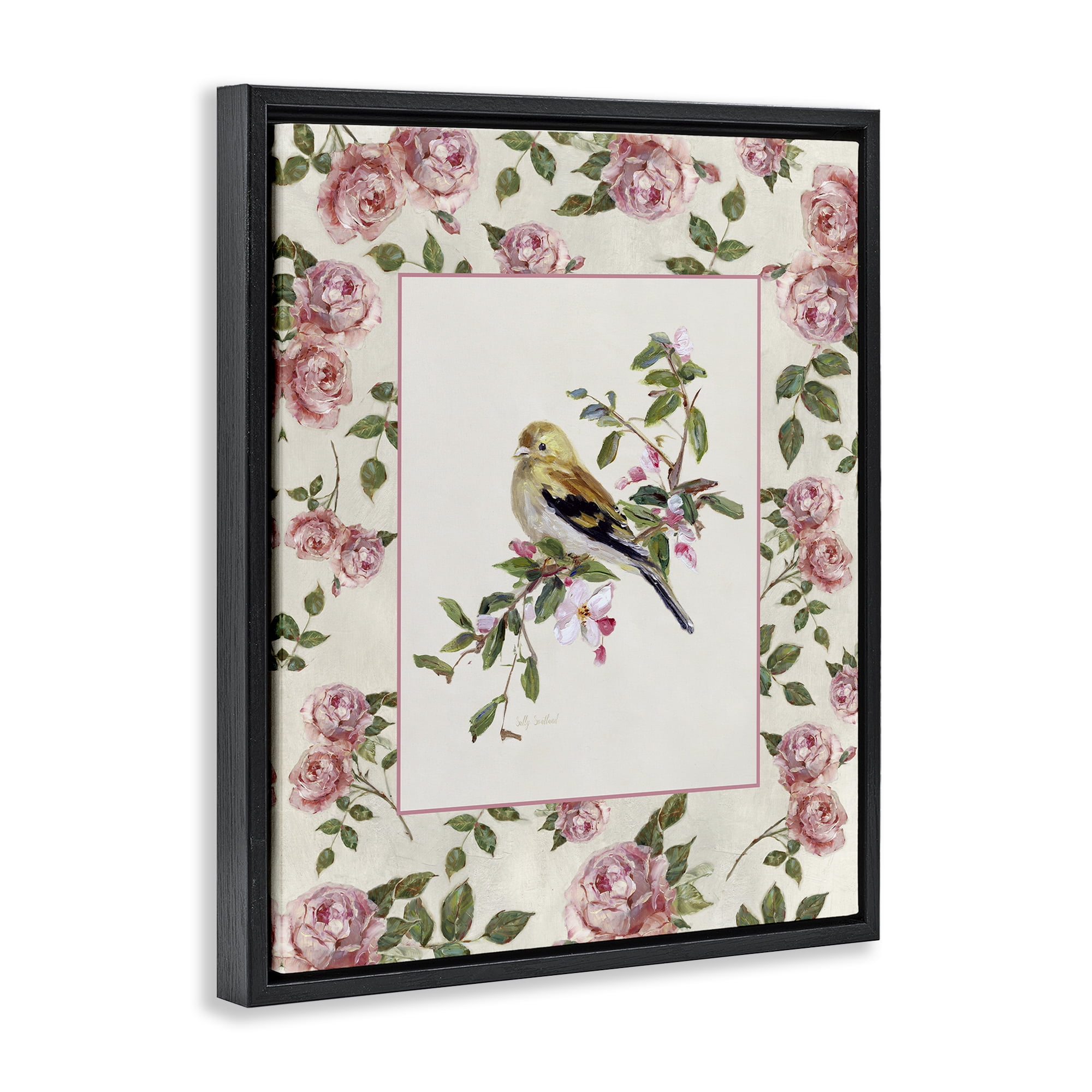 Stupell Industries Perched Bird with Dainty Roses Black Framed Floater Canvas Wall Art, design by Sally Swatland