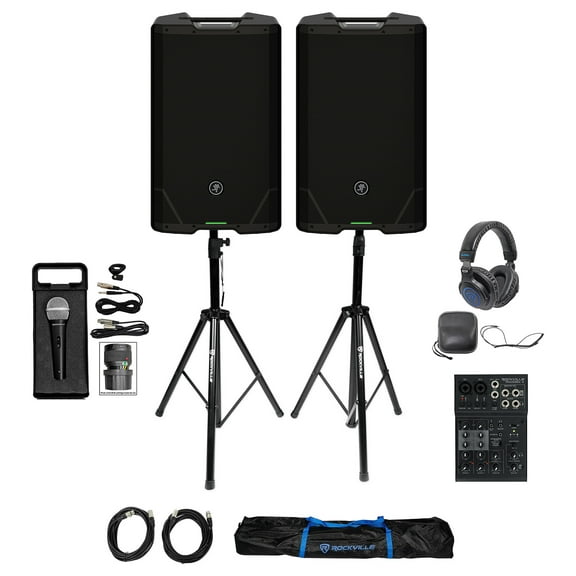 (2) Mackie SRT215 15” DJ PA Speakers w/Bluetooth Mixer Stands Headphones Mic