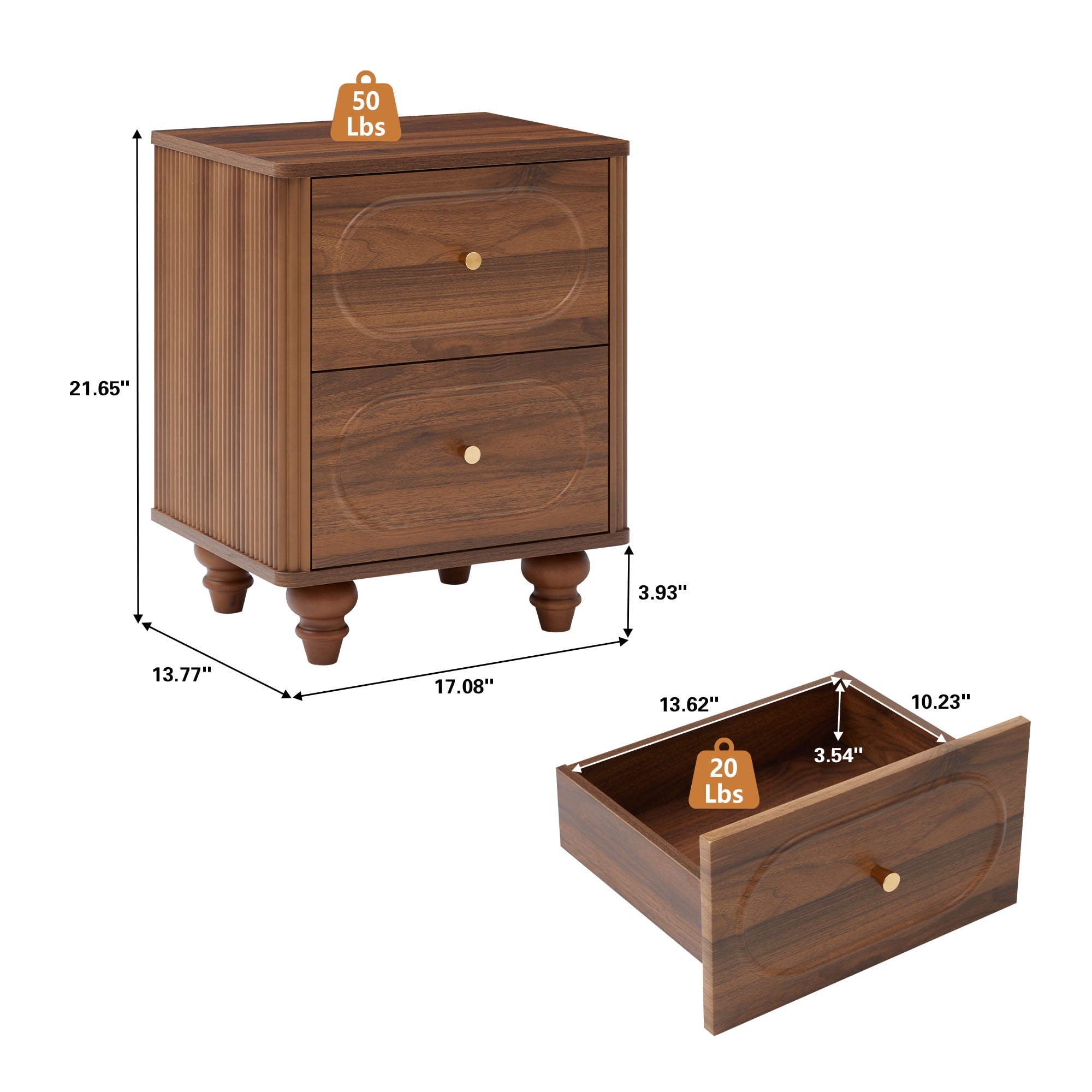 Wirrytor 2-Drawer Fluted Nightstand Set of 2, Mid-Century  Bedside Table , Night Stands for Bedroom, Sofa Side End Table with Drawers for Small Spaces (Walnut)