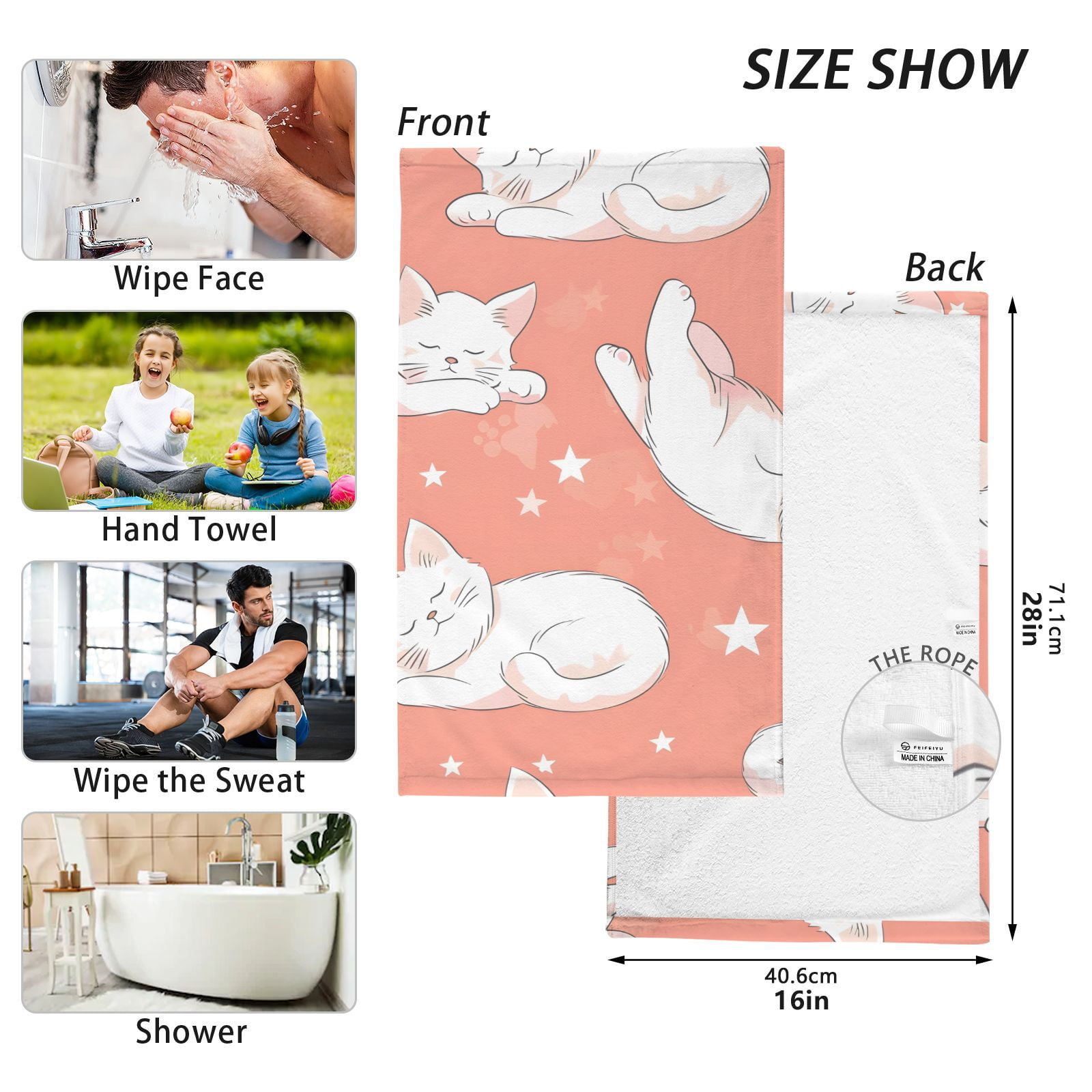 Lazy White Cats Hand Towels Cotton Bath Towels Large Face Towels Absorbent for Bathroom 2 Packs