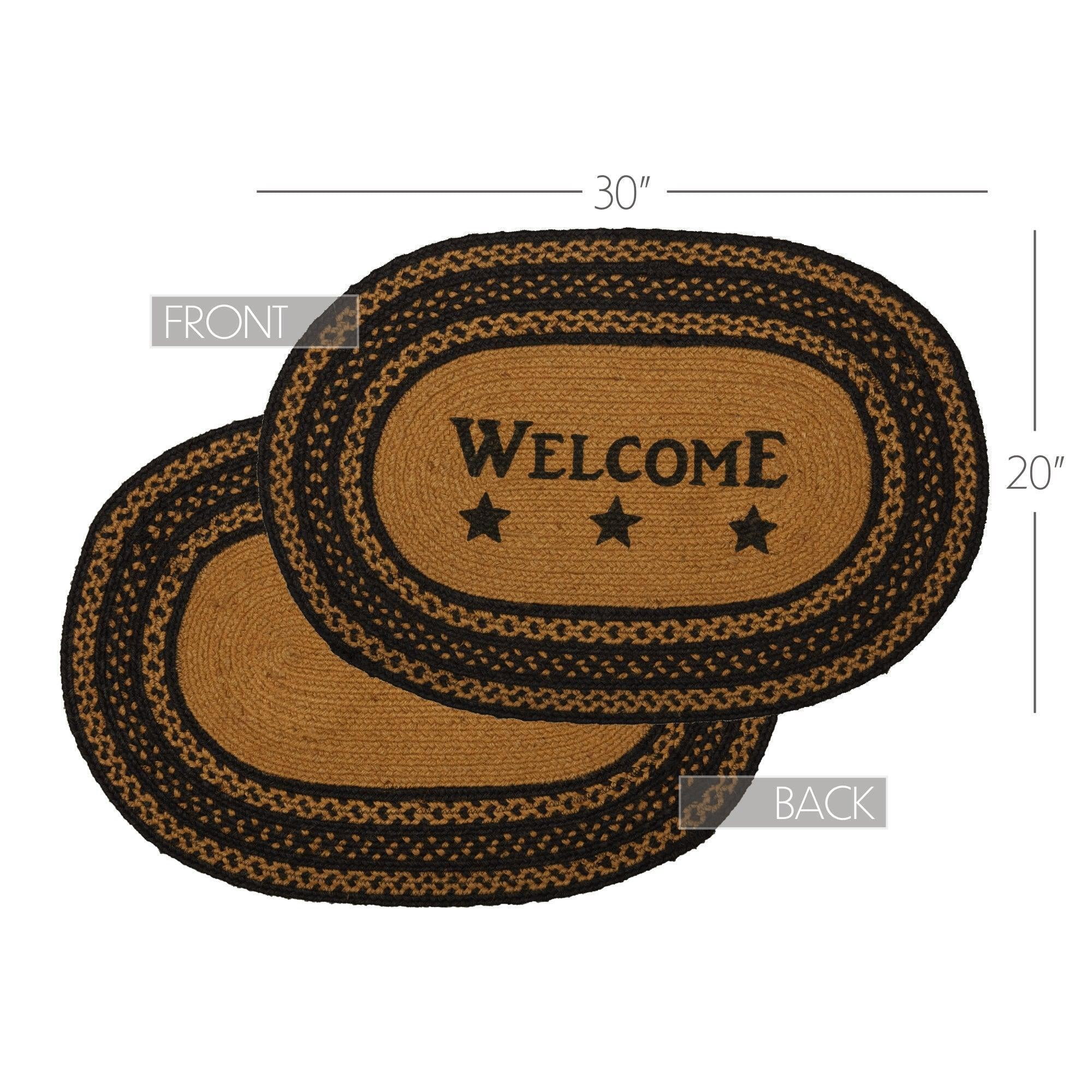 VHC Brands Farmhouse Primitive Jute Black Accent Rug Rect Stencil Stars Welcome w/ Pad 20"x30"