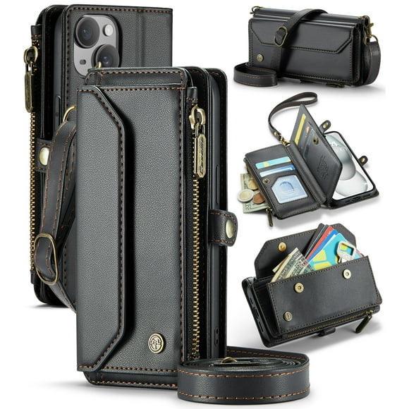 CaseMe Leather for iPhone 15 6.1-inch Case Wallet【RFID Blocking】with 7-Card Holder Zipper Bills Slot, Soft PU Leather Magnetic Shoulder Wrist Strap for iPhone 15 6.1-inch Wallet Case Women,Black