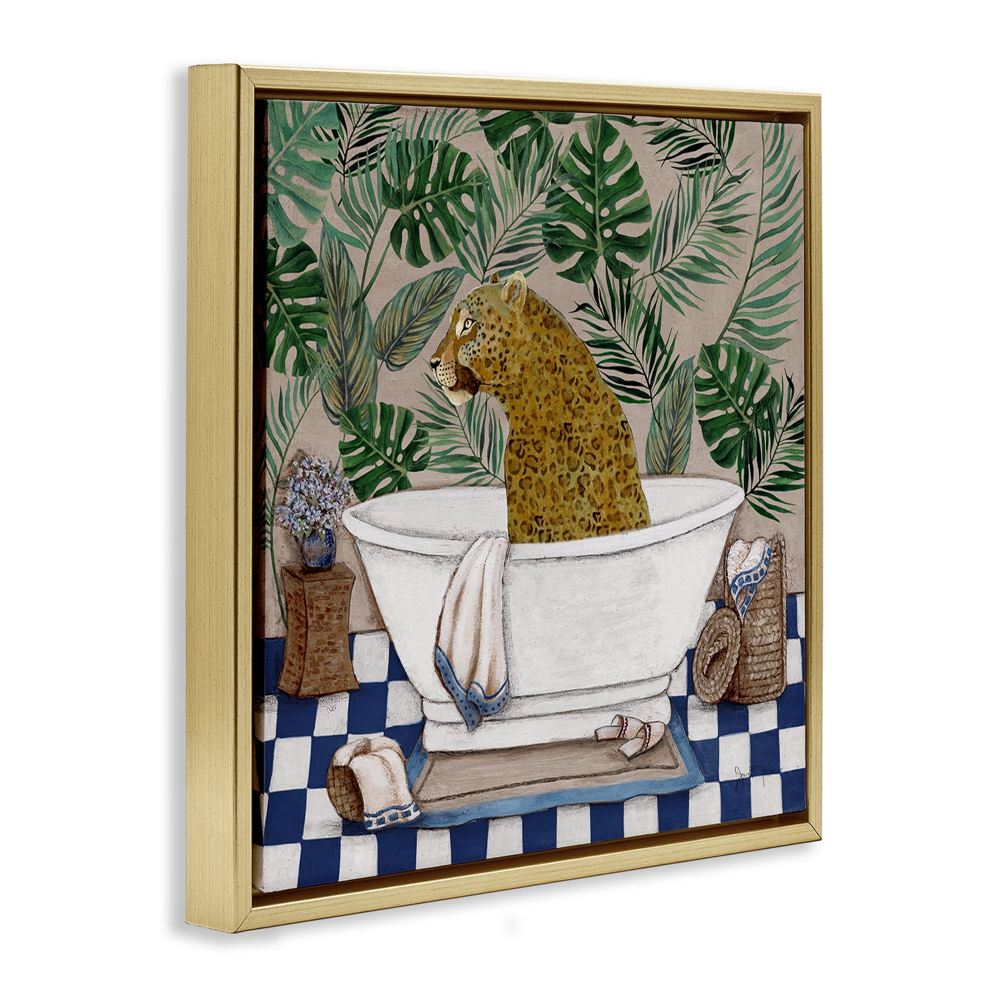 Stupell Industries Leopard in Tropical Bathtub Gold Framed Floater Canvas Wall Art, design by Janet Tava