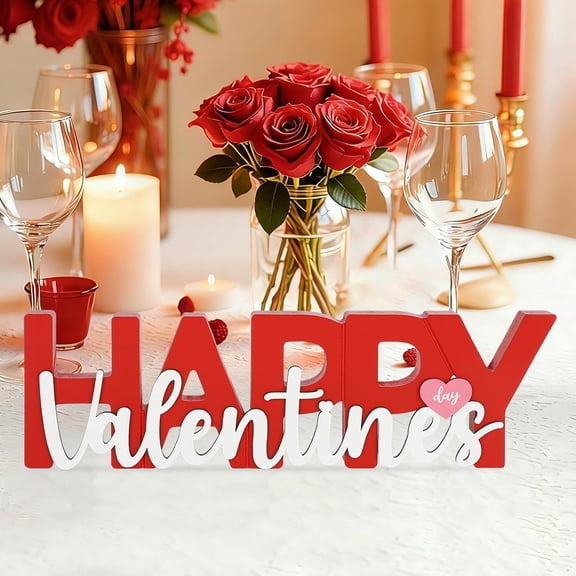 Wooden Happy Valentine's Day Sign, Heart Decor for Home, Office, Shelf, Mantel, Table Top Party Decoration