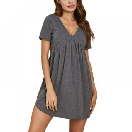 

Women s Sleepshirt Deep V Neck Nightgown Short Sleeve Nightshirt Oversized Sleepwear Solid Pleated Front Soft Short Night Shirts S-4XL