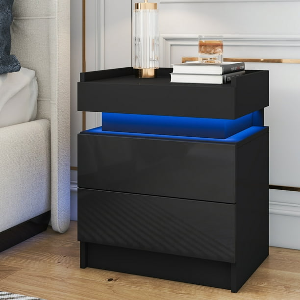 Hommpa LED Nightstand Modern Led Bedside Table with High Gloss 2 Drawers Black Nightstand with