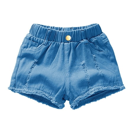 

MHZLDYZ Girls Kids Denim Short with Pocket Girls Stretch Jean Shorts Solid Color High Waist Ripped Jeans Distressed High-Waisted Shorts (Blue 130)